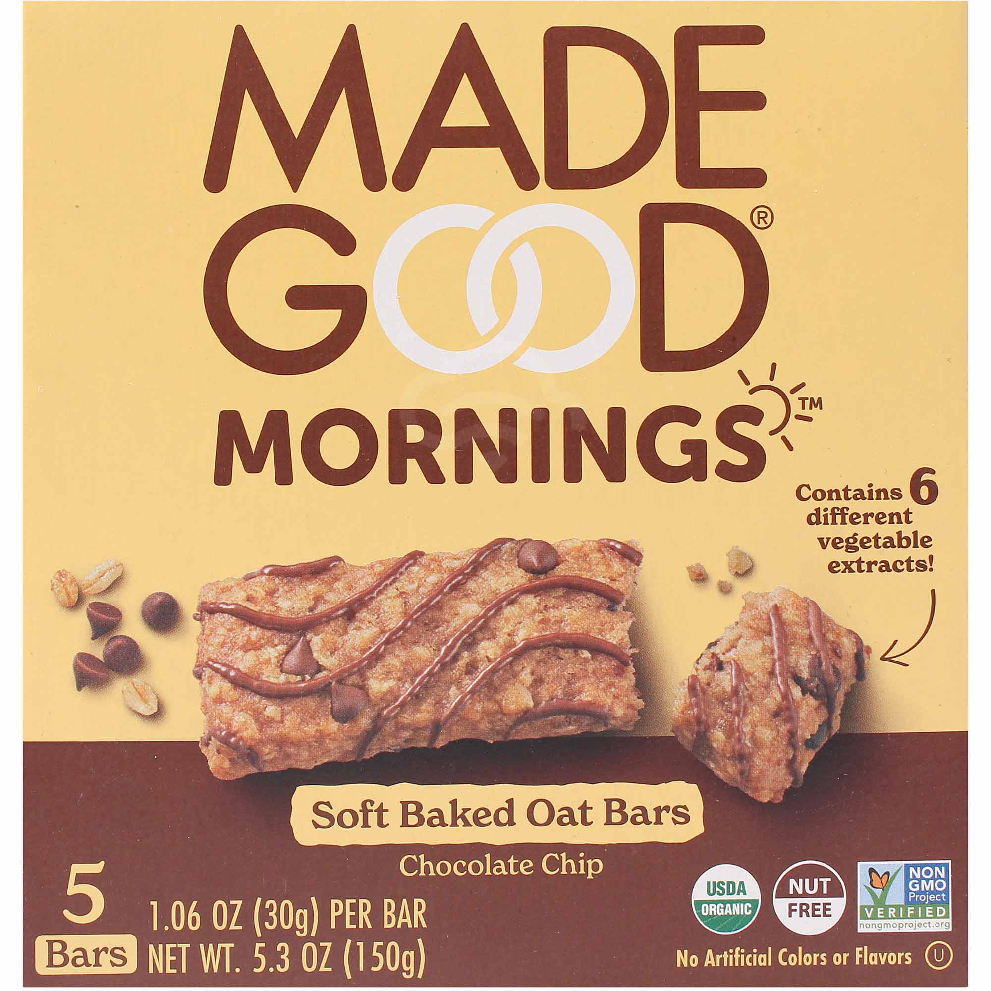 Made Good Mornings Soft Baked Oat Bars Chocolate Chip 5.3Oz, 5-1.06Oz Bars